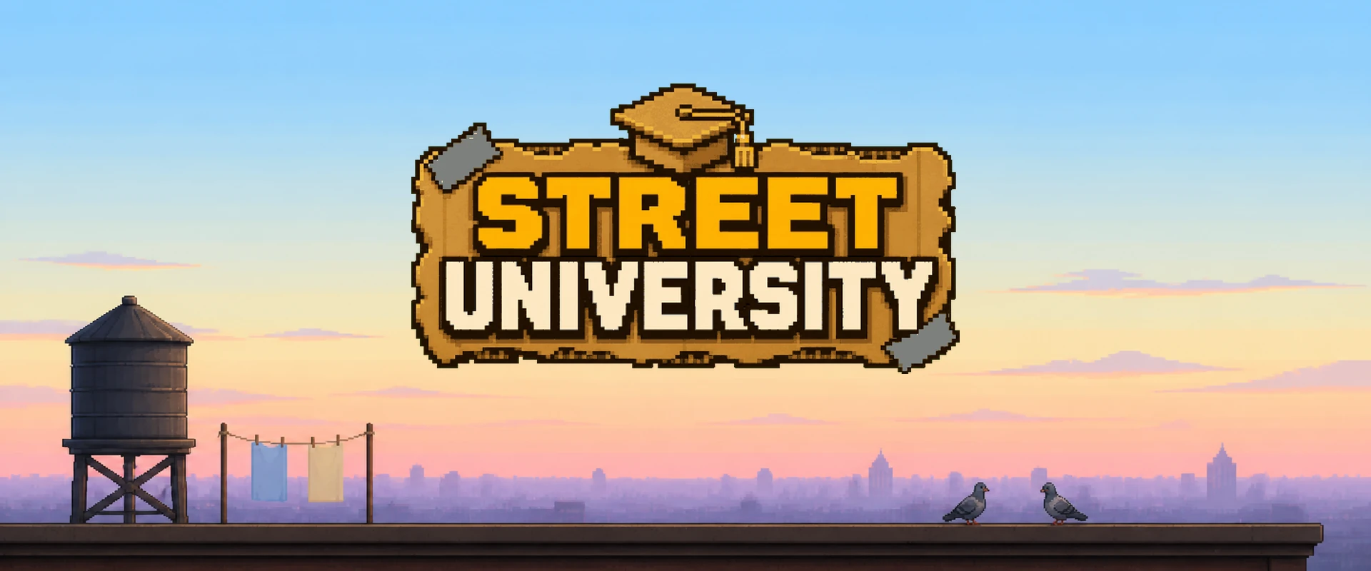 Street University — the game logo on a city rooftop at dawn, with two pigeons on the parapet