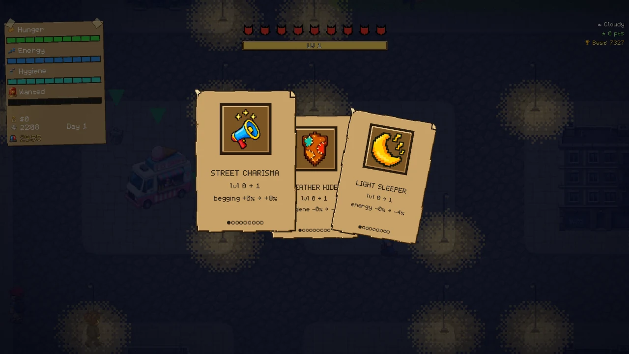The upgrade card screen: three cards to choose from