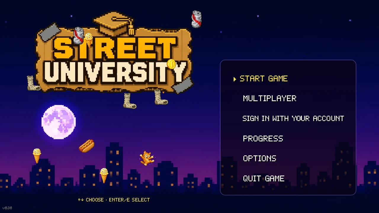 The Street University main menu at night, with the game logo and falling street objects
